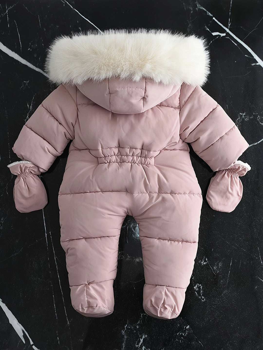 Luxe frosty unisex baby winter romper, a warm hooded jumpsuit ensuring cozy comfort in cold weather.