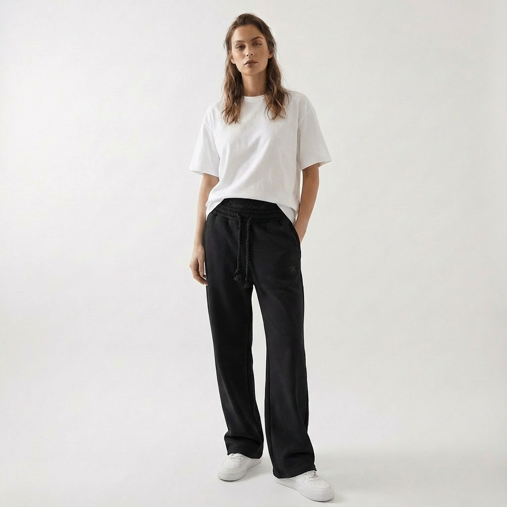 Back view of unisex baggy joggers with practical back pockets, demonstrating relaxed fit, casual style & streetwear.
