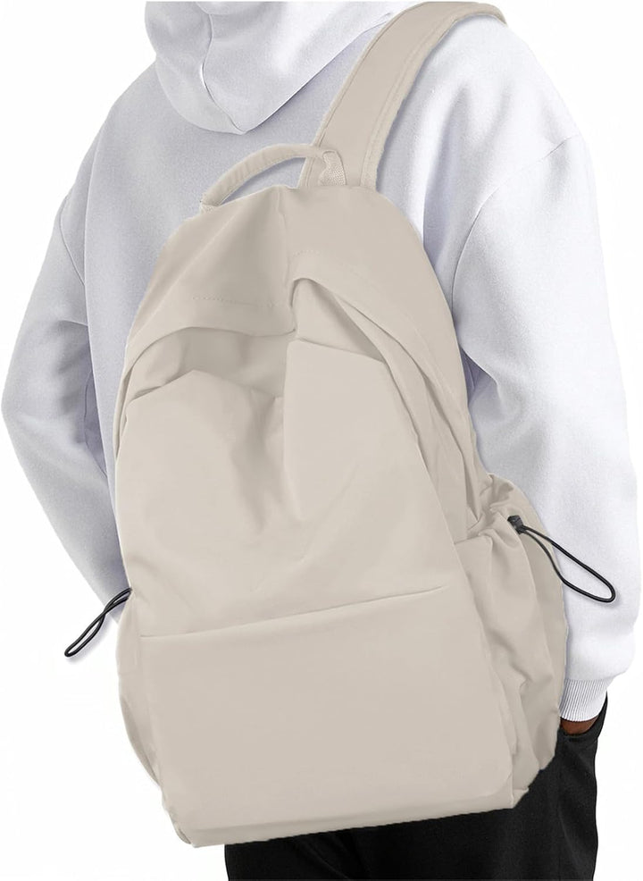 Unisex beige lightweight travel backpack. Water-resistant, organized compartments for daily carry & laptop.