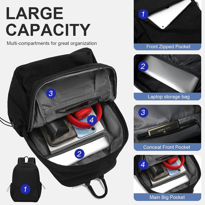 Black commute backpack. Lightweight, water-resistant, organized with laptop compartment for daily essentials.