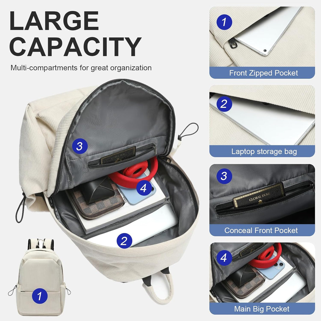 Stylish beige backpack for laptop & travel. Organized, water-resistant, perfect for school or commute.