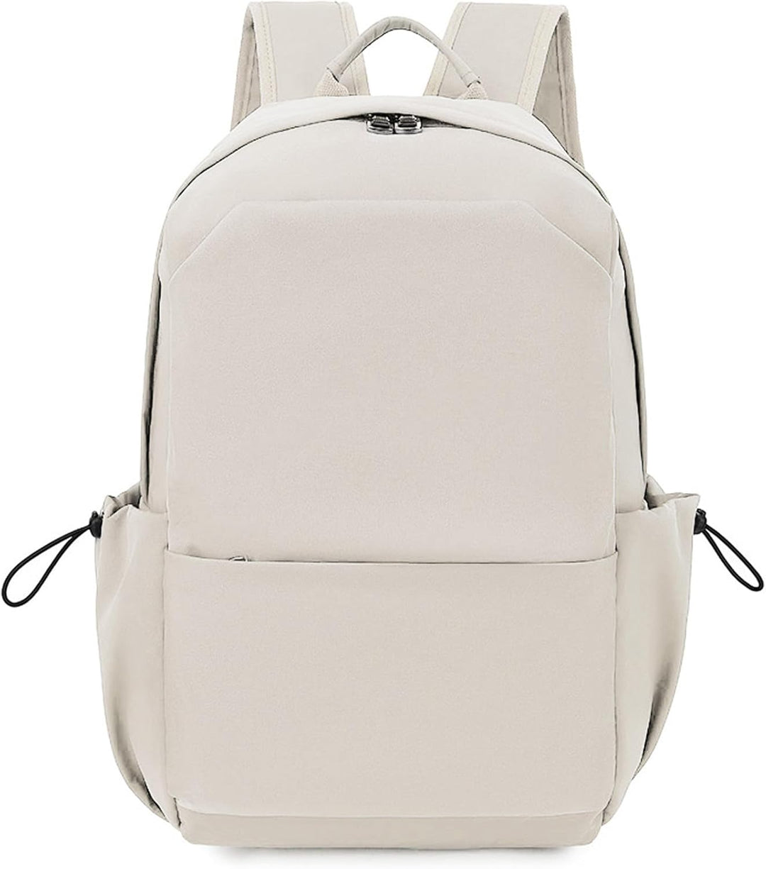Unisex beige travel backpack. Organized, water-resistant, ideal for school, commute, & laptop carry.