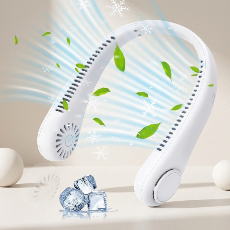 Unisex bladeless neck fan, rechargeable & portable, provides hands-free personal cooling for travel & outdoor use.