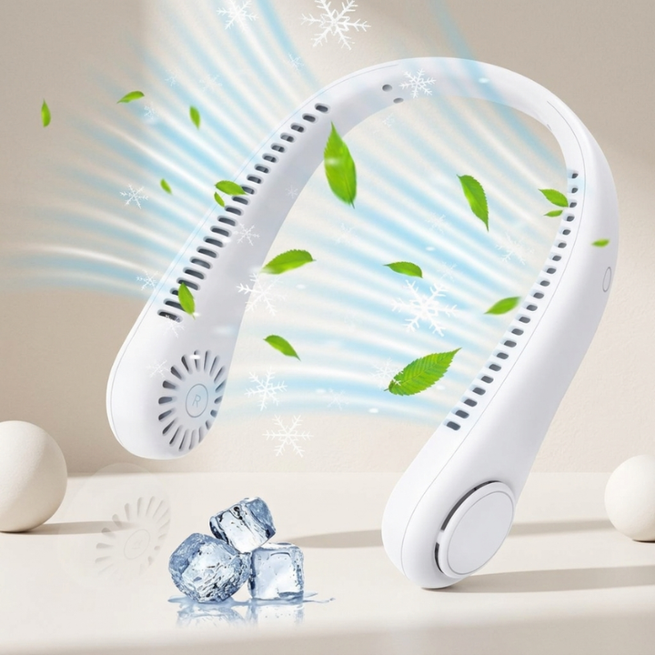 Unisex bladeless neck fan, rechargeable & portable, provides hands-free personal cooling for travel & outdoor use.