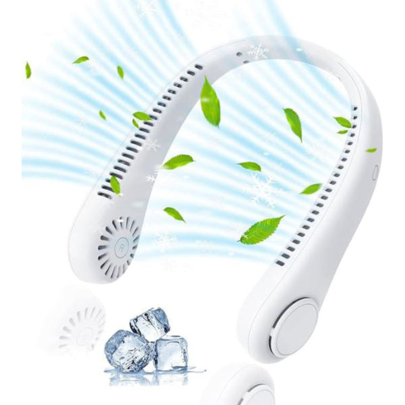 Hands-free portable neck fan with bladeless design, USB rechargeable for instant personal cooling anywhere.