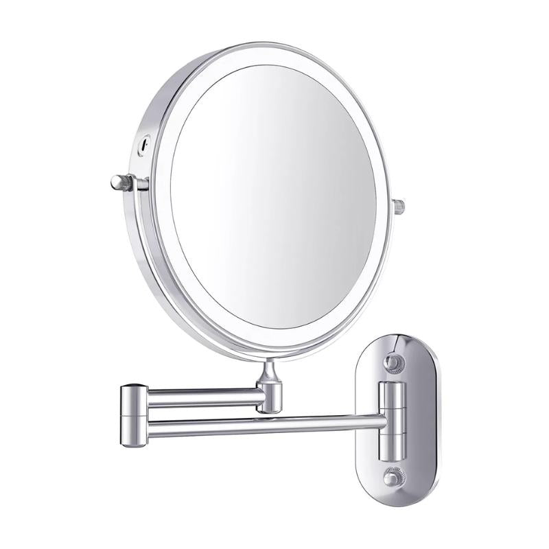 Unisex circular LED magnifying bathroom mirror for makeup, skincare & grooming. Illuminated vanity mirror.