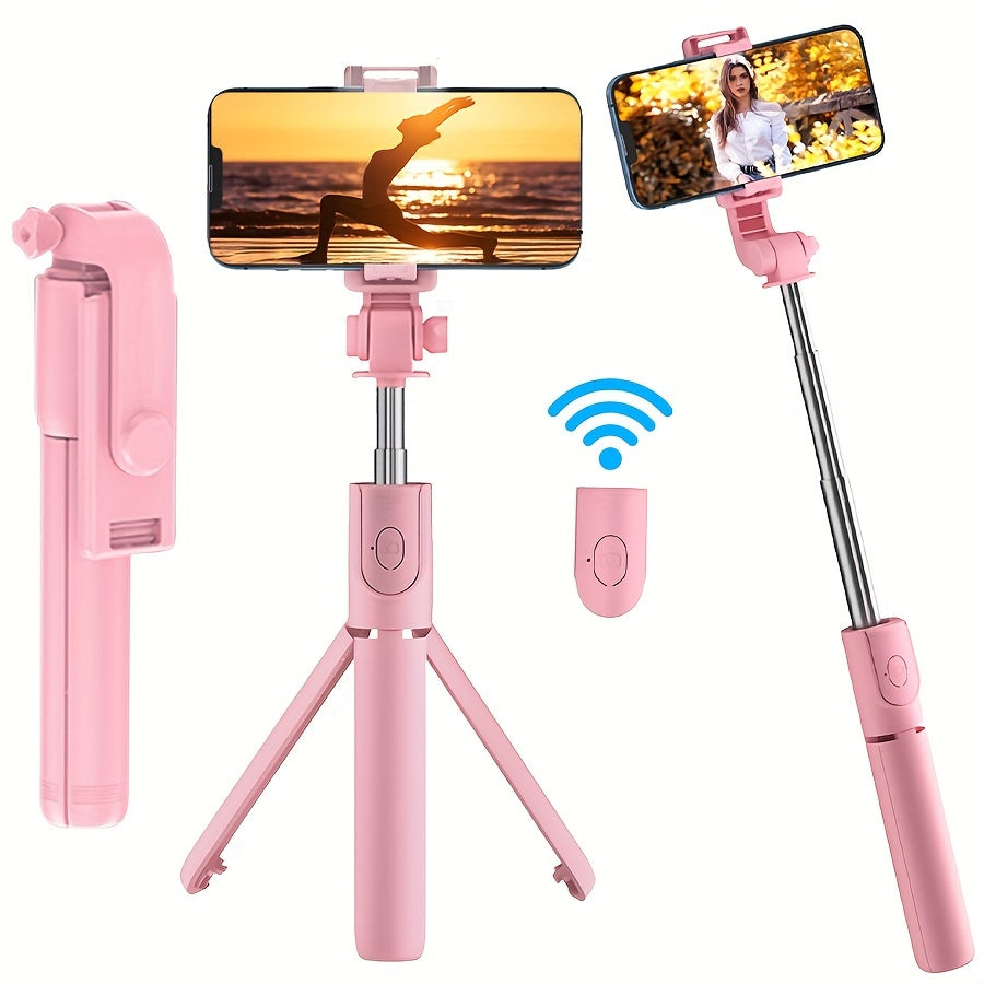 Unisex compact portable phone tripod stand selfie stick with wireless remote, great for vlogging, travel photography.