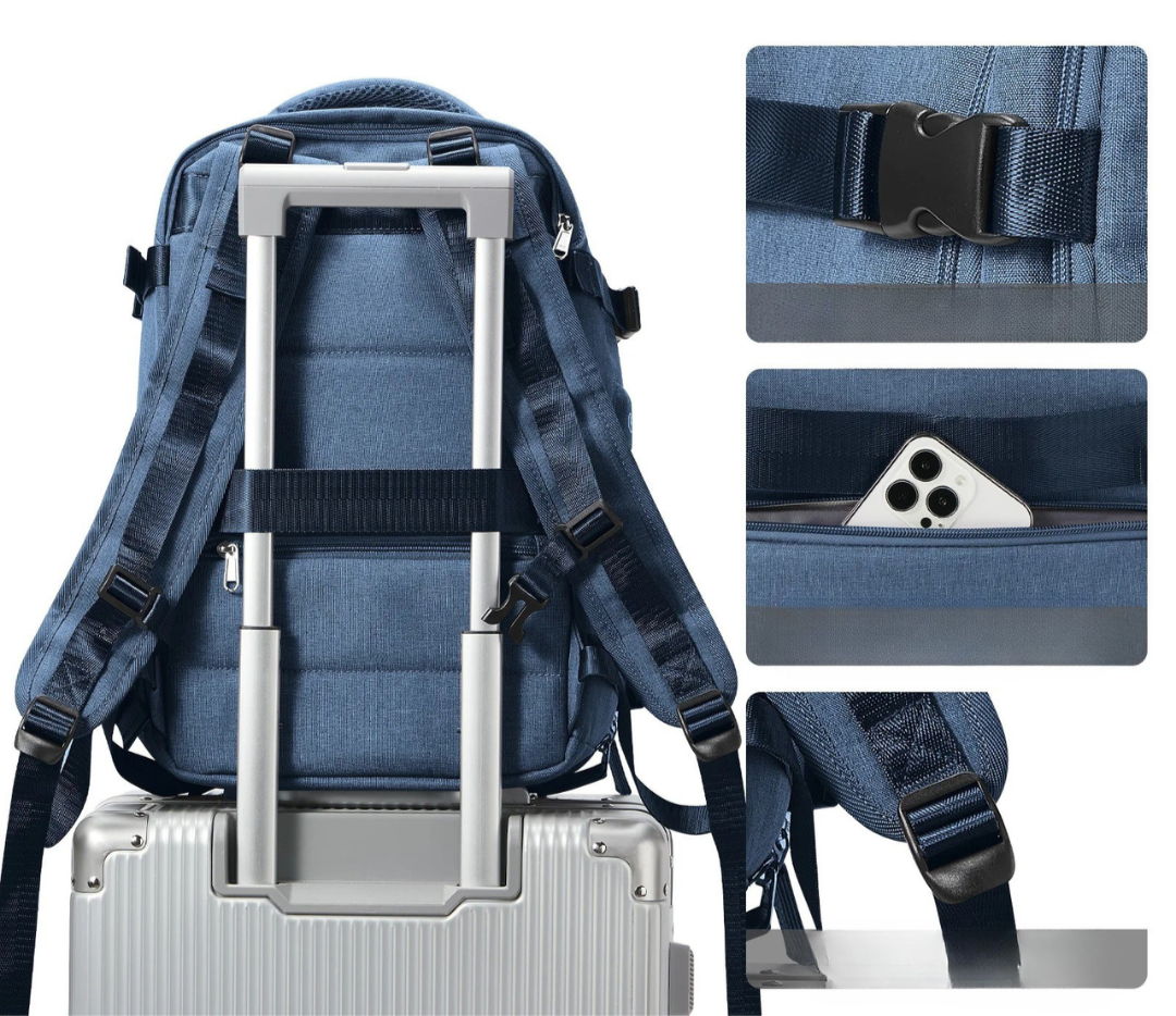 Front view of compact unisex travel backpack. Sleek design, ideal for men & women on the go.