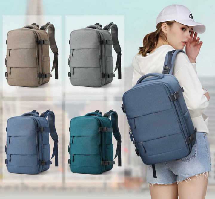 Interior view of organizer travel backpack with multiple pockets. Perfect for laptop, daily essentials.
