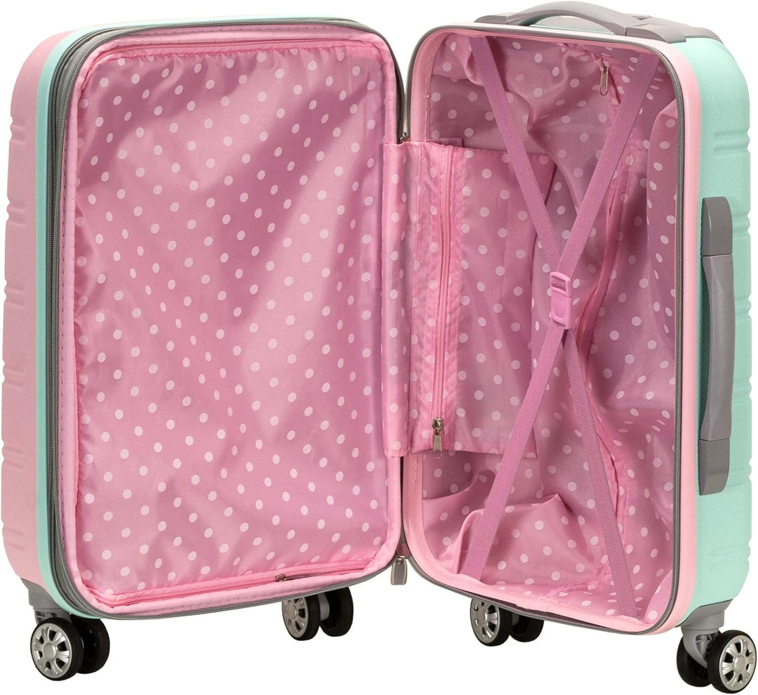 Stylish Cotton Candy hardside carry-on spinner suitcase. Lightweight & expandable for all travelers.