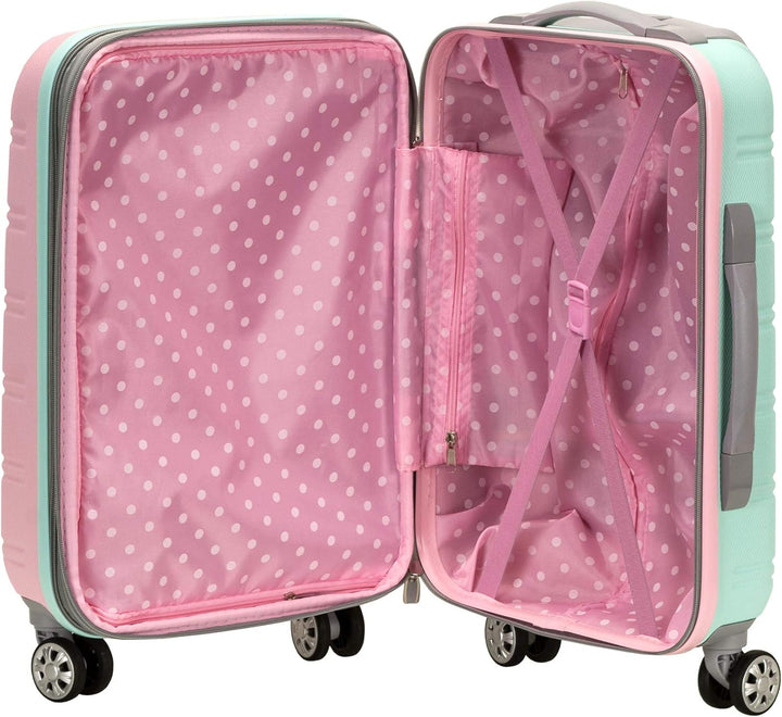 Stylish Cotton Candy hardside carry-on spinner suitcase. Lightweight & expandable for all travelers.