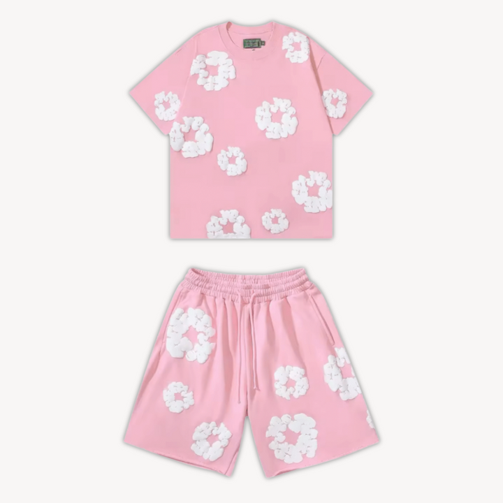 Unisex cotton floral tee and shorts set, bold floral print, soft fabric, casual wear, versatile unisex design, relaxed fit.