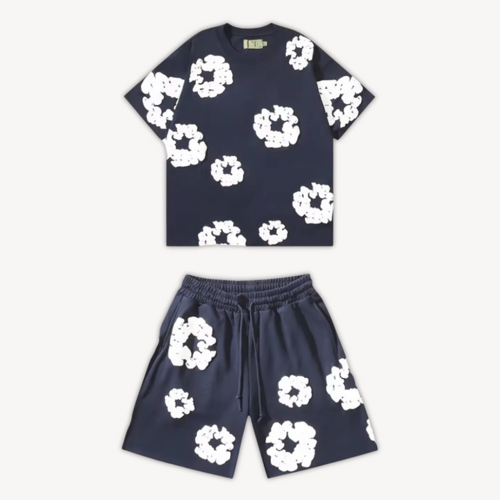 Unisex cotton floral tee and shorts set, bold floral print, soft fabric, casual wear, versatile unisex design, relaxed fit.
