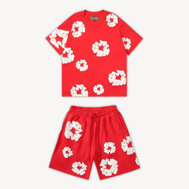 Unisex cotton floral tee and shorts set, bold floral print, soft fabric, casual wear, versatile unisex design, relaxed fit.