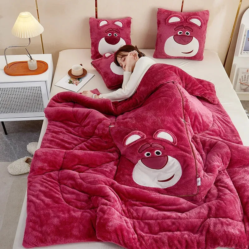 Cartoon-themed plush blanket & cushion set, a fun & cozy addition for kids or adults, perfect for snuggles.