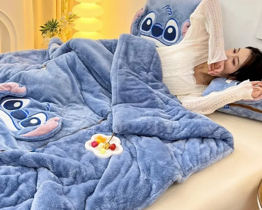 Unisex plush blanket and cushion set, featuring a cute cartoon design, great for kids' rooms or adults.