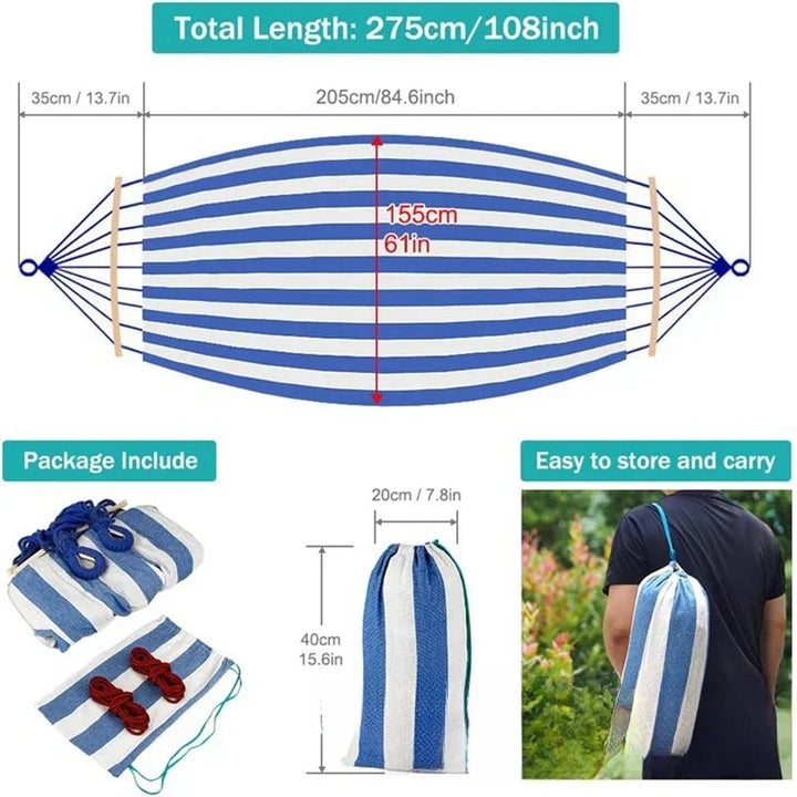 Comfy double canvas hammock with wooden spreaders, great for garden or patio outdoor living.