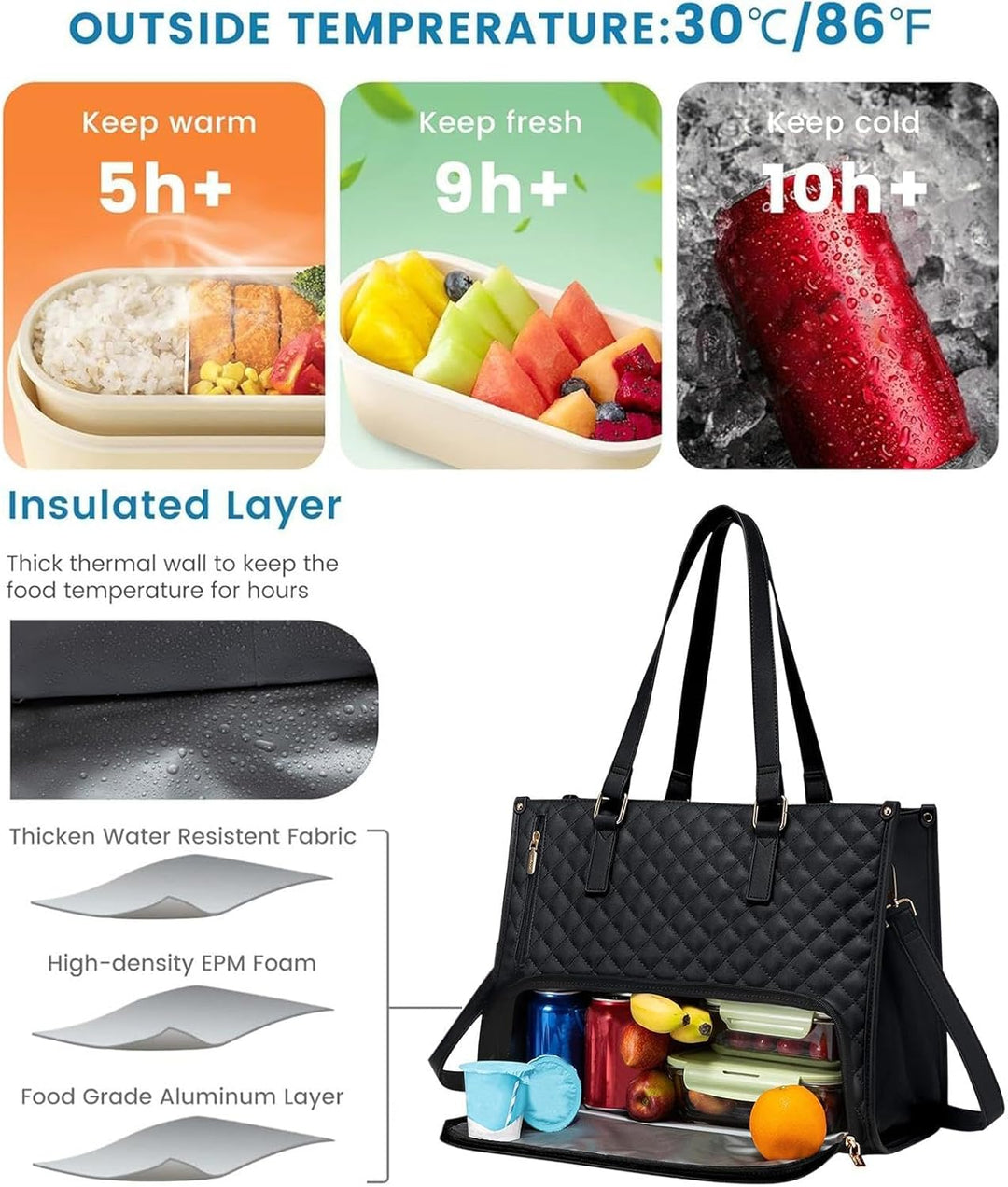 Sleek black unisex tote bag with insulated lunch compartment and secure laptop sleeve. Ideal for work or travel.