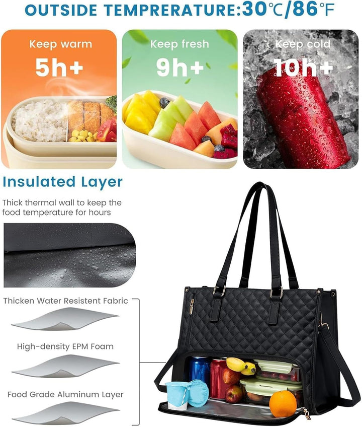 Sleek black unisex tote bag with insulated lunch compartment and secure laptop sleeve. Ideal for work or travel.