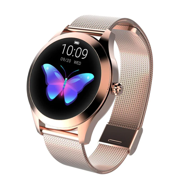 Unisex elegant rose gold smartwatch with digital display, fitness tracker, health monitor, and wearable tech features.