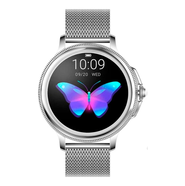 Sleek steel silver unisex smart fitness watch with activity tracking, Bluetooth, and elegant digital display. Wearable tech.