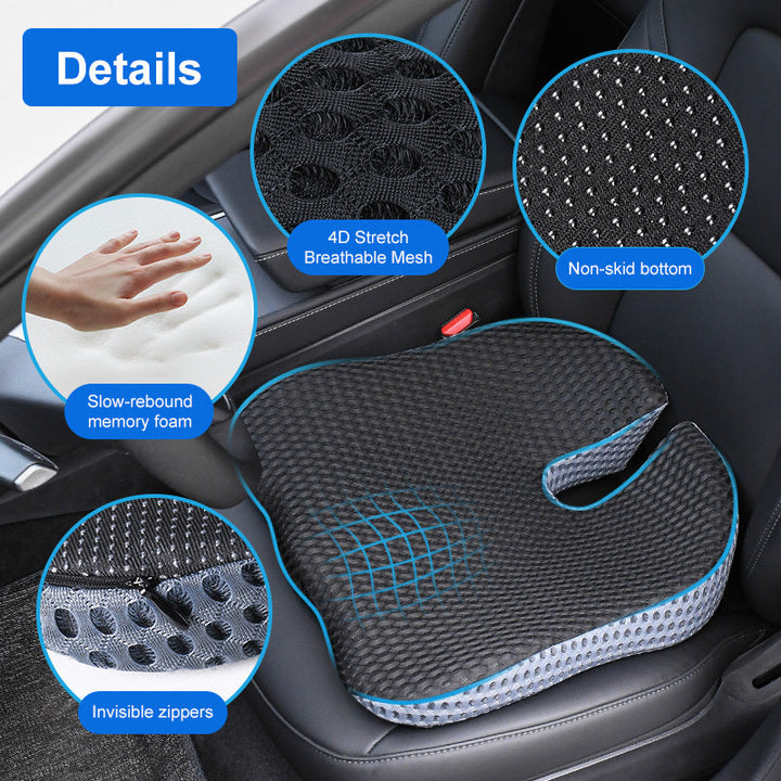 Triangular memory foam car seat cushion, non-slip & breathable, enhances driving comfort & corrects posture.
