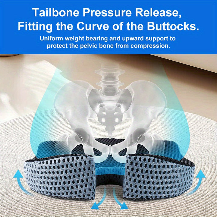 Memory foam car cushion offering ergonomic support for tailbone pain relief, promoting healthy driving posture.