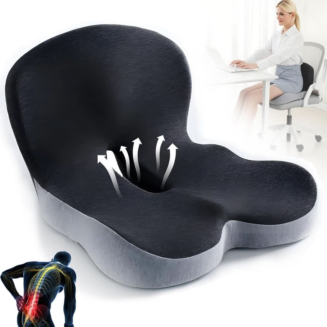 Ergonomic memory foam cushion for desk chair. Supports spine, relieves pressure, and enhances focus.
