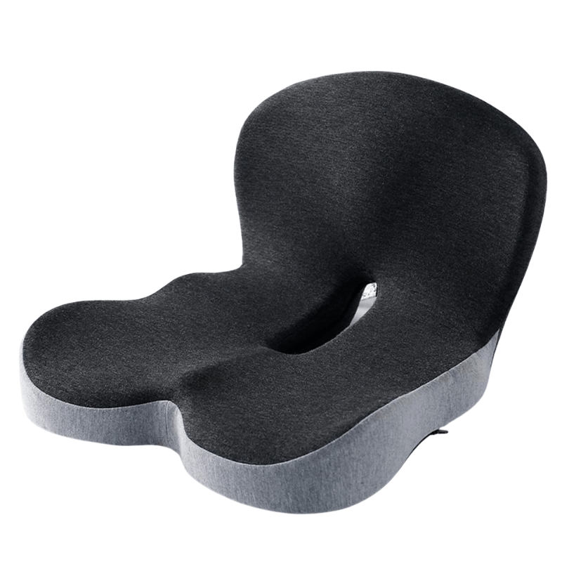 Healthy sitting with ergonomic memory foam cushion. Tailbone, hip & sciatica pain relief.