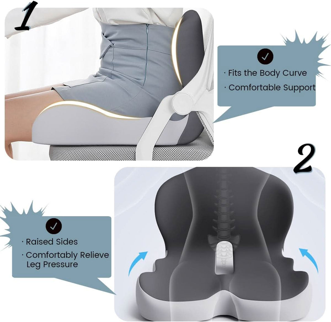 Memory foam seat cushion for sciatica & coccyx pain relief. Ergonomic hip & lumbar support.