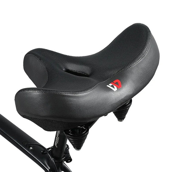 Unisex ergonomic wide bike saddle with extra gel padding for comfortable long-distance cycling.
