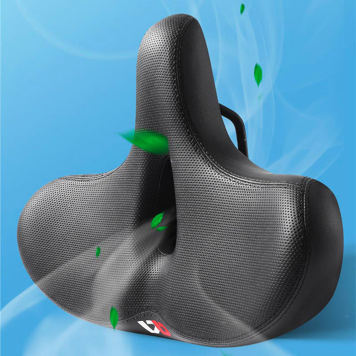 Durable synthetic leather wide bicycle saddle with shock-absorbing design for enhanced cycling comfort.