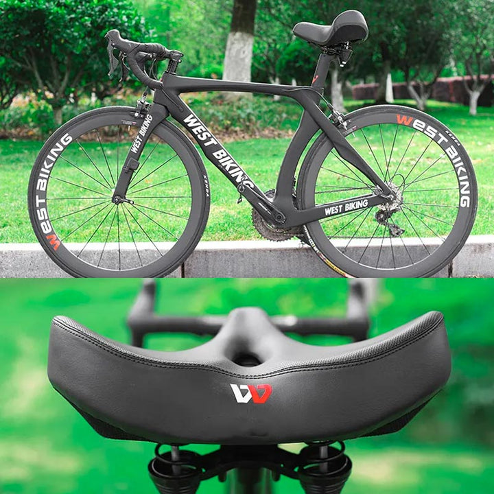 Ergonomic wide bike seat with durable synthetic leather and thick padding for comfortable, shock-absorbing rides.
