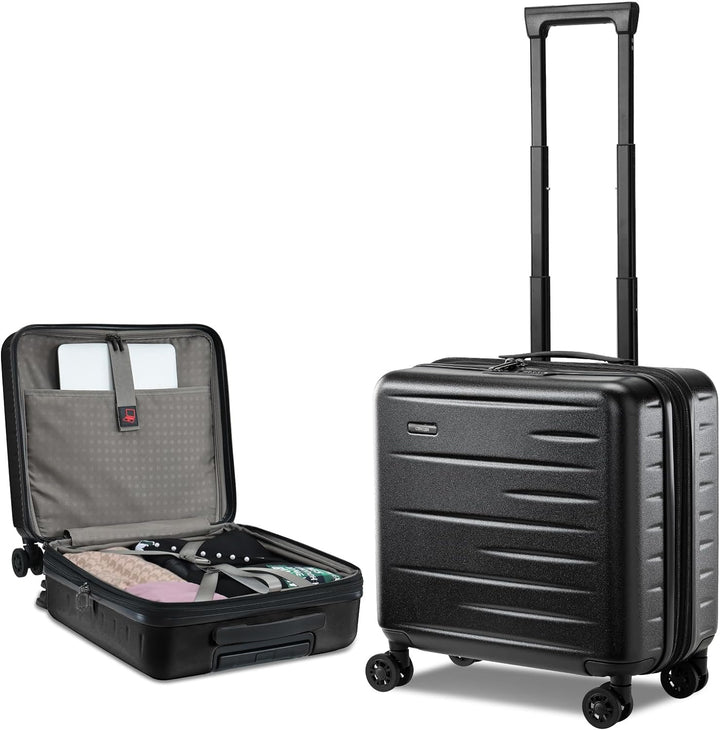 Versatile unisex expandable hardshell carry-on suitcase, front pocket & integrated TSA lock.