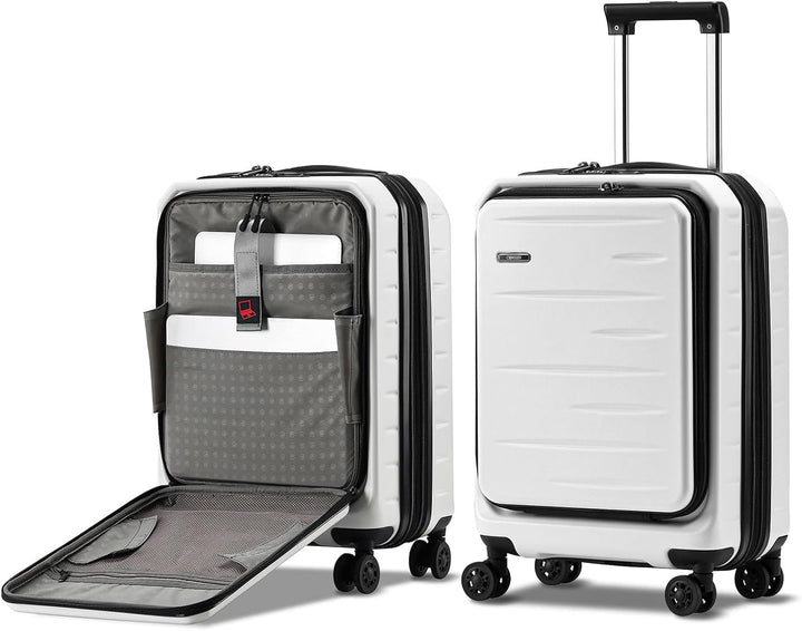 Modern unisex hardshell carry-on, expandable capacity, front pocket & built-in TSA lock.