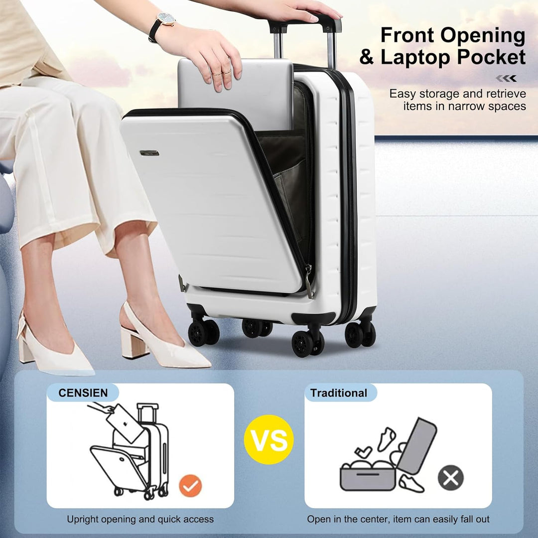 Robust unisex hard shell carry-on, expandable, with convenient front pocket & TSA security.