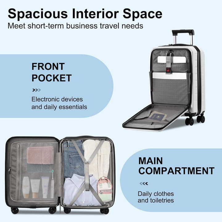 Smart unisex travel carry-on, hardshell, expandable, with front pocket for quick access & TSA.