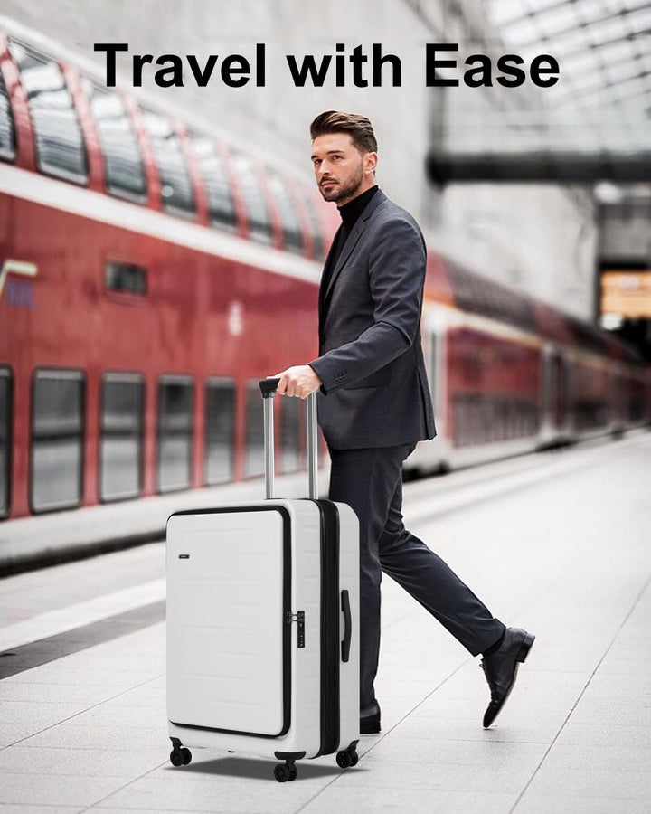 Lightweight unisex expandable hardshell carry-on suitcase, front pocket & integrated TSA lock.