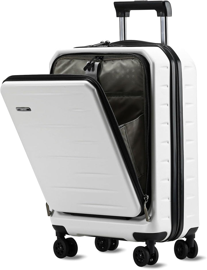 Essential unisex expandable hard shell carry-on luggage with front pocket & secure TSA lock.