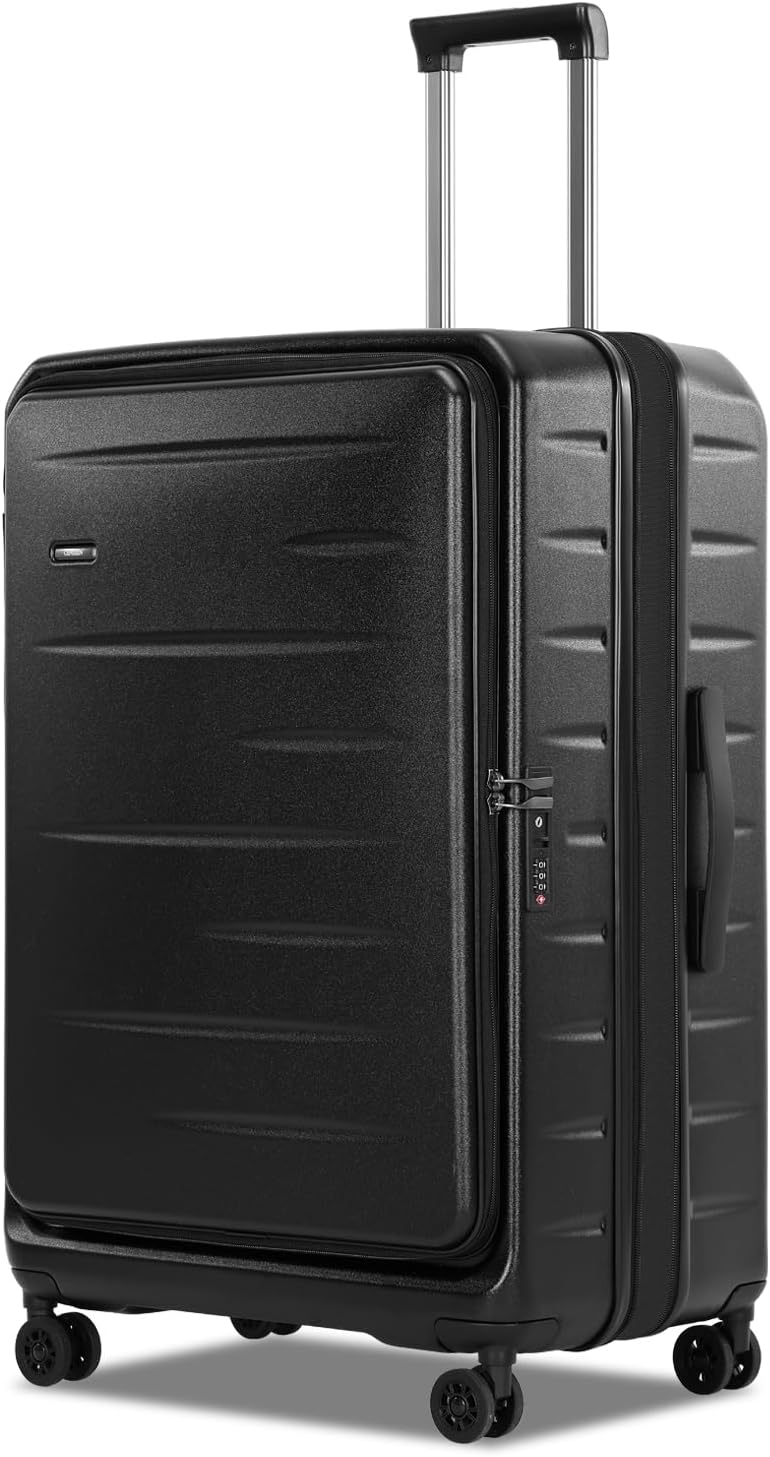 Easy-to-maneuver unisex carry-on, hardshell, expandable, front pocket, TSA lock, spinner wheels.