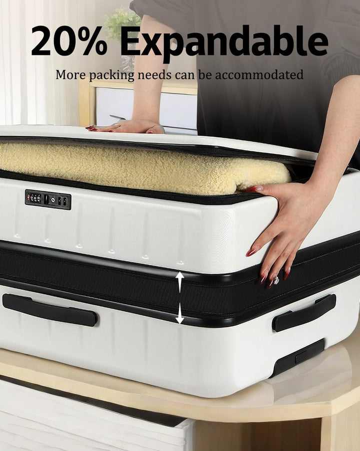 Professional unisex hard shell carry-on luggage, expandable, front pocket, TSA lock for security.
