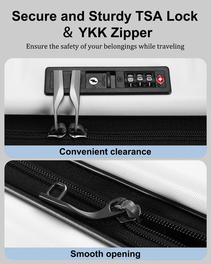Optimized unisex expandable hard shell carry-on, front pocket for documents, TSA lock security.