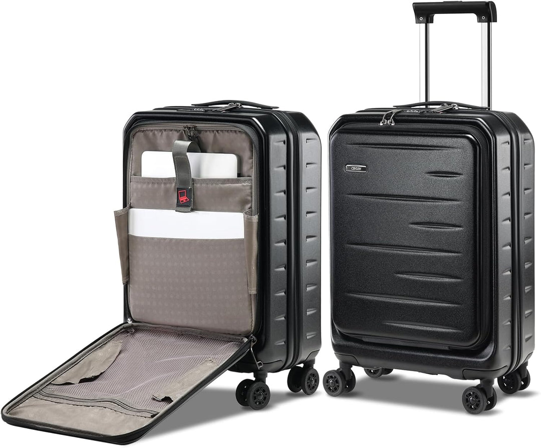 Compact unisex travel carry-on luggage, expandable hardshell with front pocket & TSA lock.