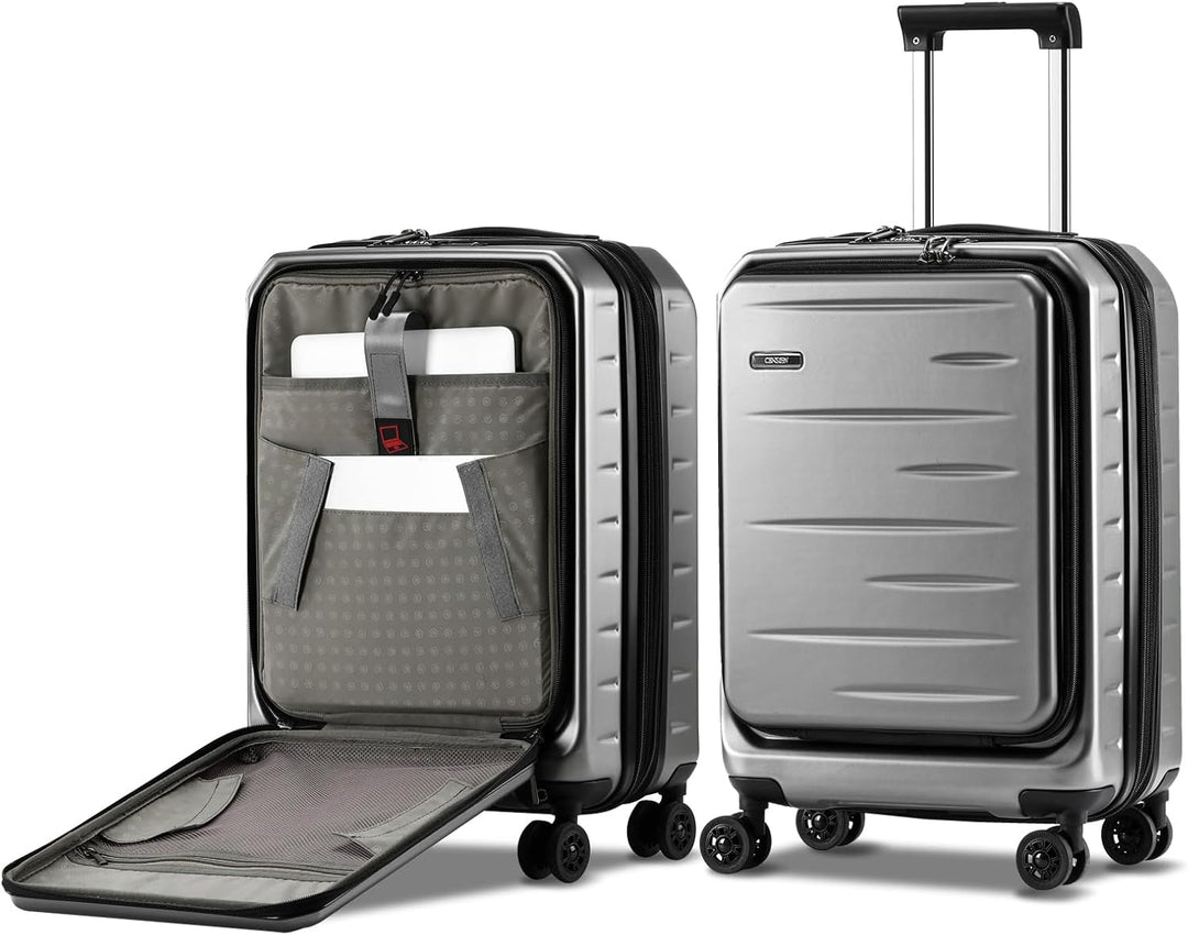 Unisex expandable hard shell carry-on with smooth spinner wheels, front pocket, TSA lock.