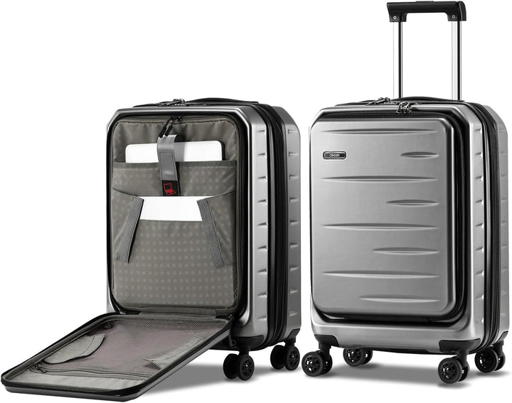 Unisex expandable hard shell carry-on with smooth spinner wheels, front pocket, TSA lock.