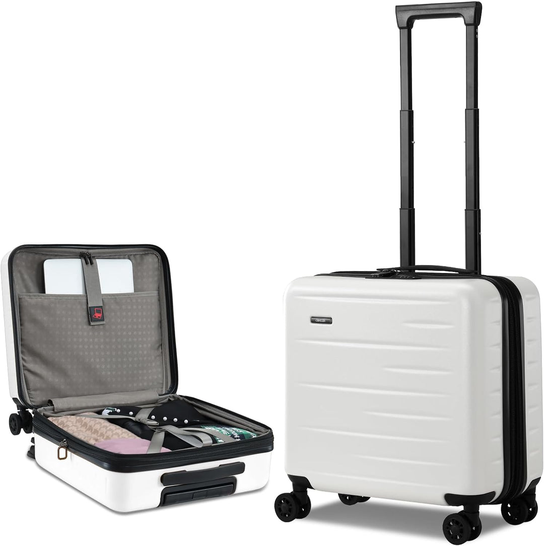 Durable unisex expandable carry-on hardshell luggage, front pocket, TSA lock, spinner wheels.