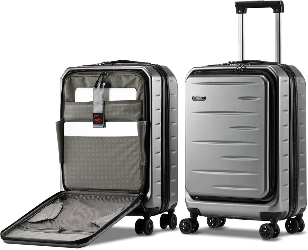 Convenient unisex hard shell carry-on with front pocket, expandable design & TSA lock.