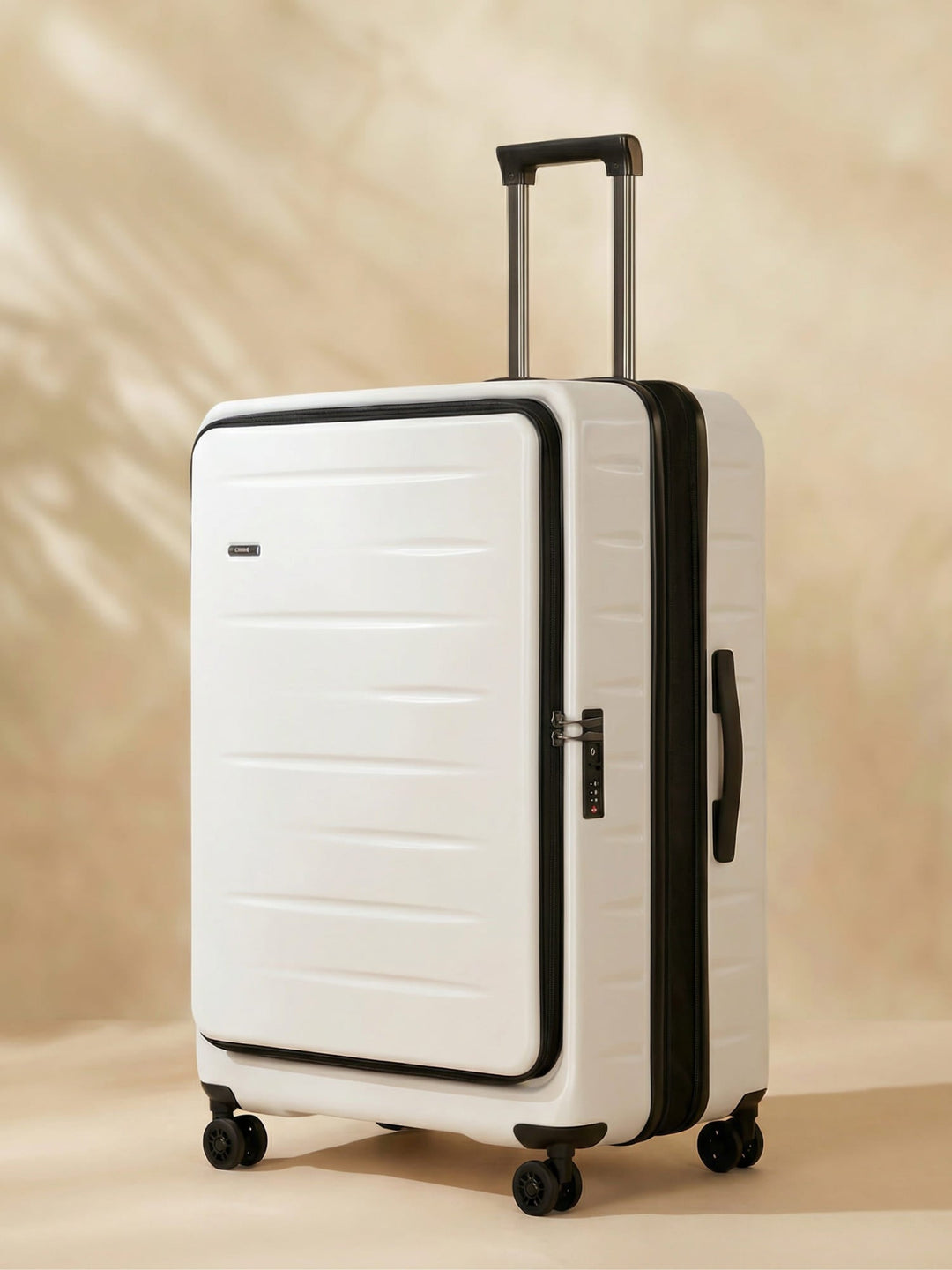 Unisex expandable hard shell carry-on with front pocket, TSA lock & spinner wheels.