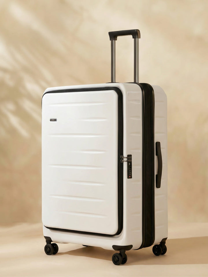 Unisex expandable hard shell carry-on with front pocket, TSA lock & spinner wheels.