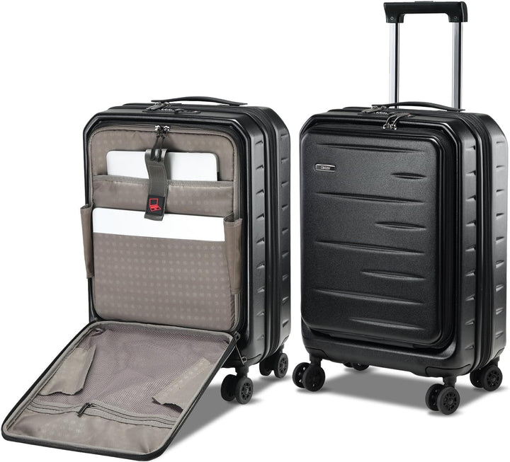 Modern carry-on luggage: hard shell, expandable, with accessible front pocket & TSA security.